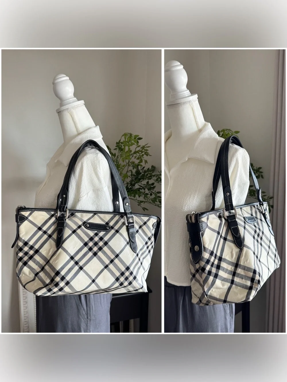 Vintage Burberry London Blue Label Black & Cream Check Shoulder Tote Bag